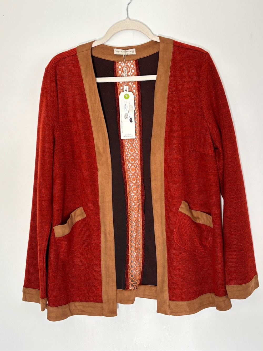 Young Threads Open Front Cardigan Mixed Media Size Medium New with Pockets b64